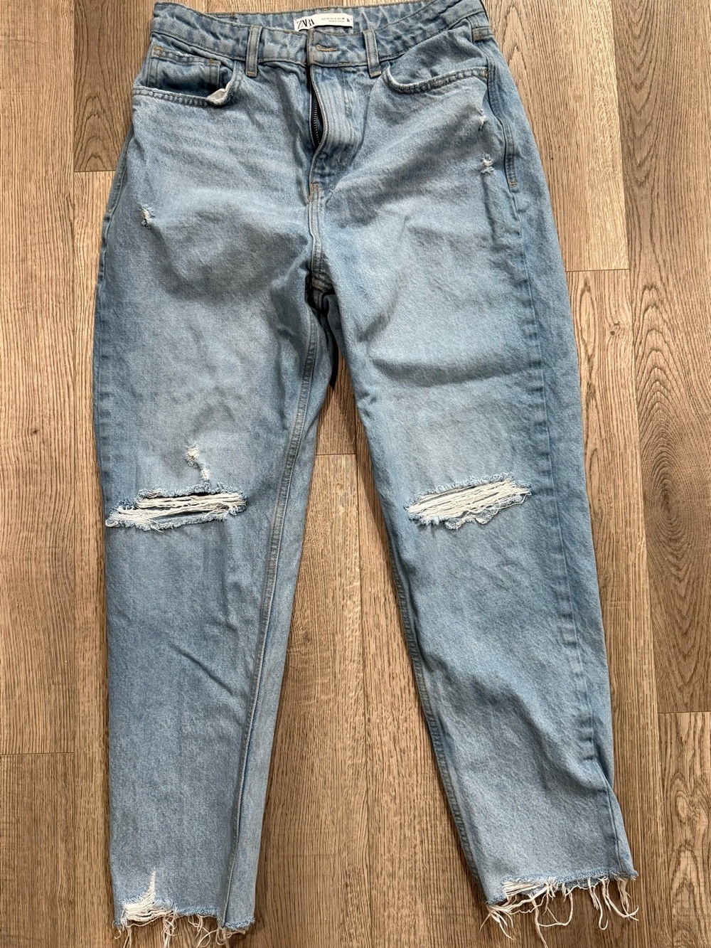 Zara Light Blue Ripped Straight-Leg Jeans